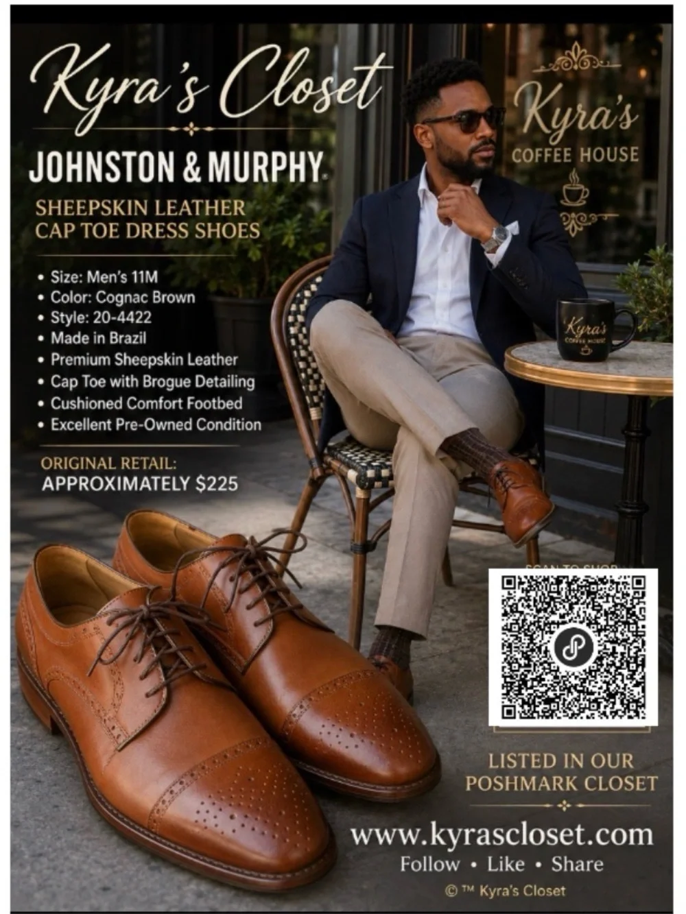 Johnston & Murphy Men’s 11M Sheepskin Dress Shoes Cognac Brown Made in Brazil